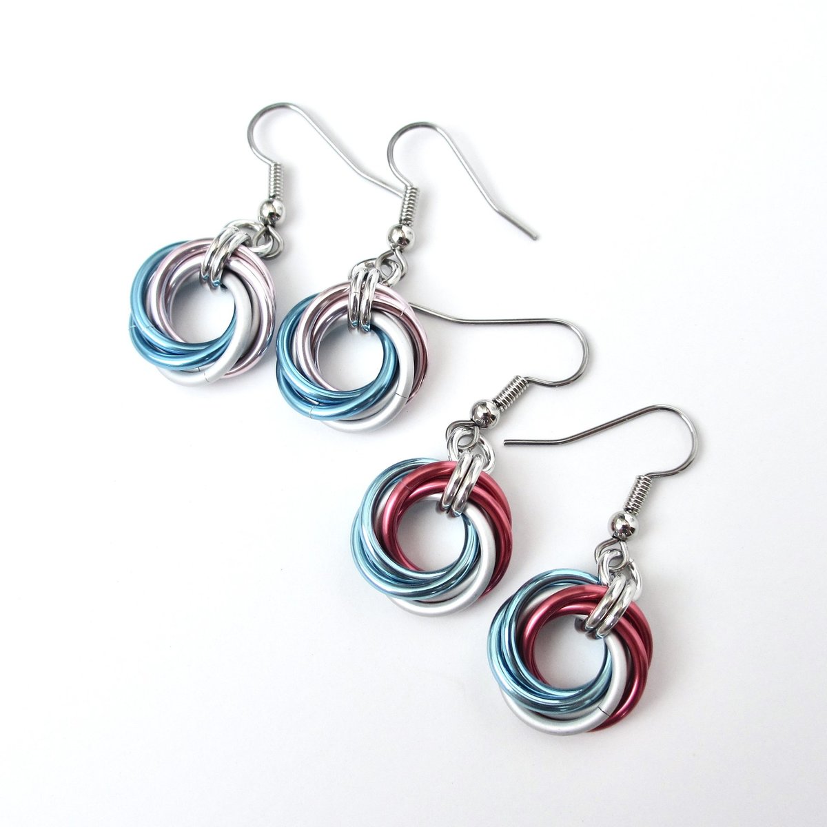 Transgender pride earrings, handmade love knot chainmail trans pride jewelry, choose light or dark pink
