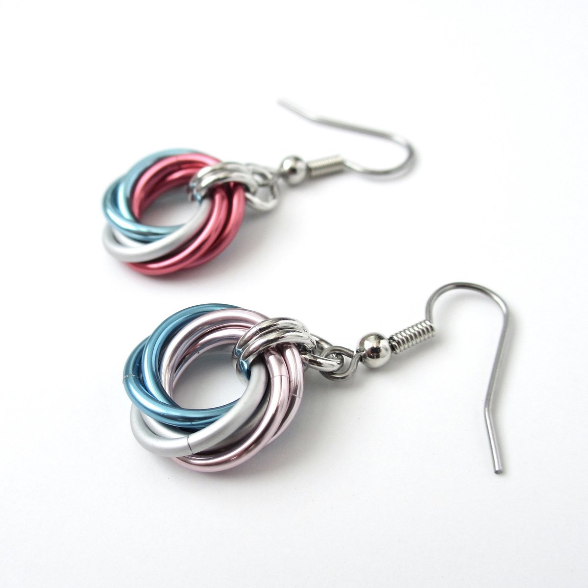 Transgender pride earrings, handmade love knot chainmail trans pride jewelry, choose light or dark pink