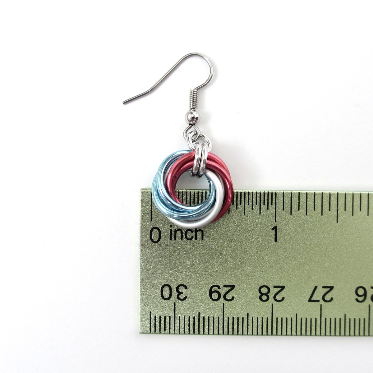 Transgender pride earrings, handmade love knot chainmail trans pride jewelry, choose light or dark pink