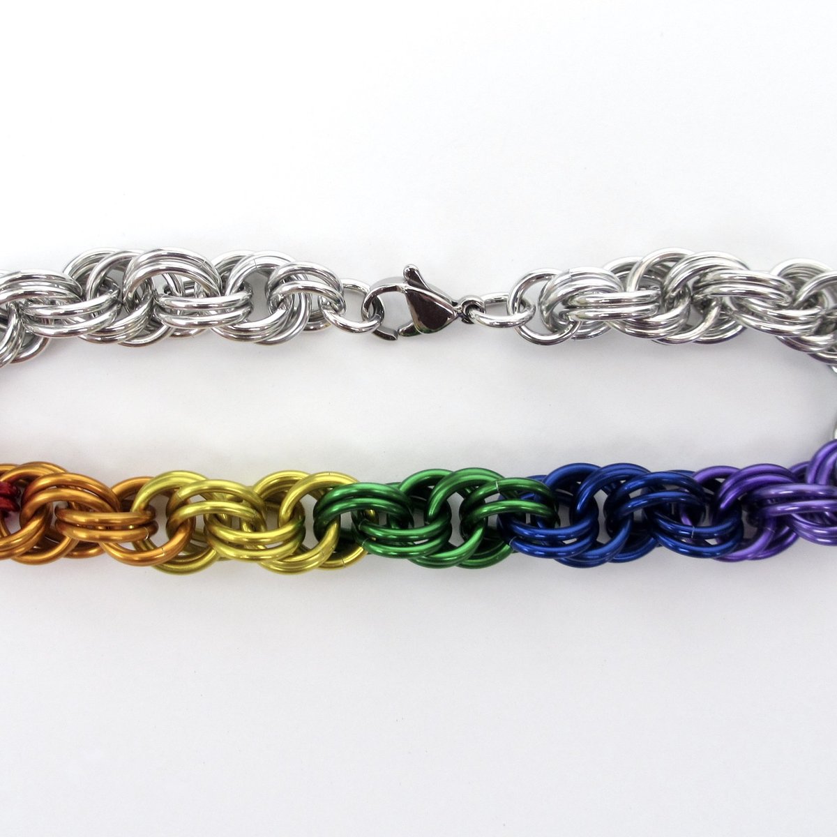 Handmade LGBTQ rainbow bracelet, chainmaille double spiral weave gay pride jewelry