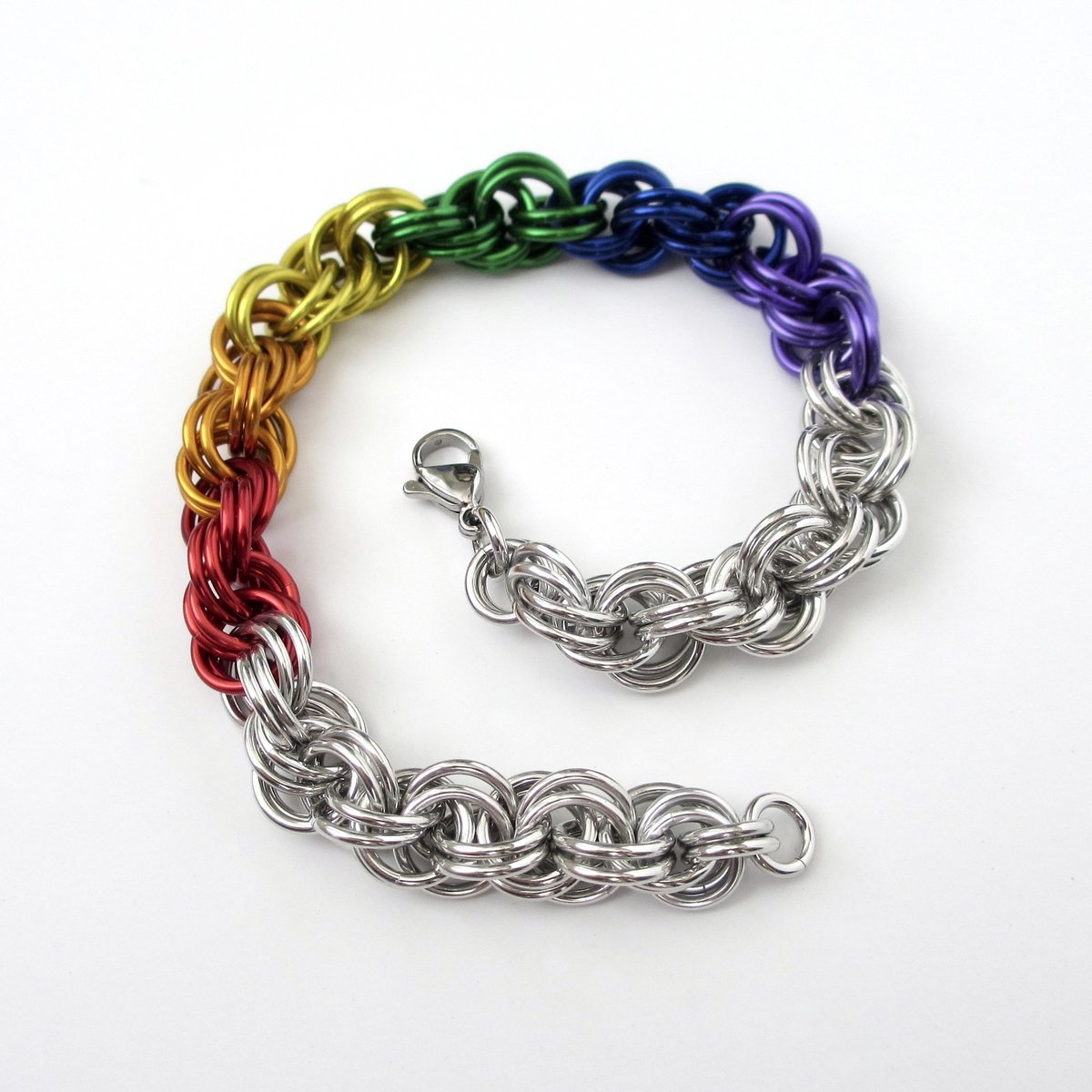 Handmade LGBTQ rainbow bracelet, chainmaille double spiral weave gay pride jewelry