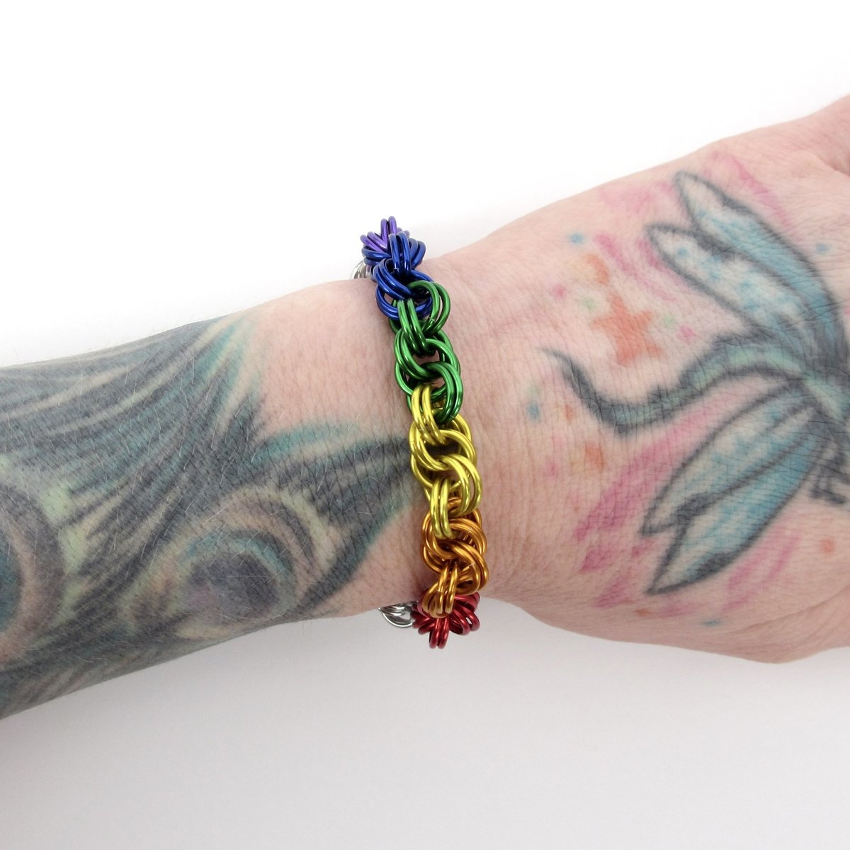 Handmade LGBTQ rainbow bracelet, chainmaille double spiral weave gay pride jewelry