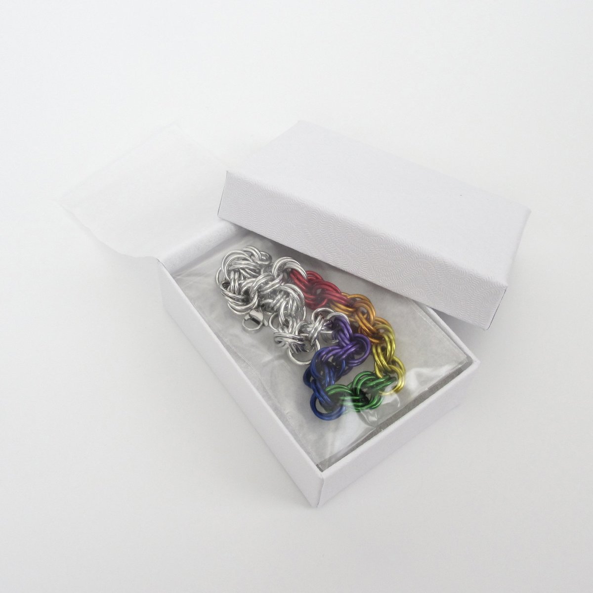 Handmade LGBTQ rainbow bracelet, chainmaille double spiral weave gay pride jewelry