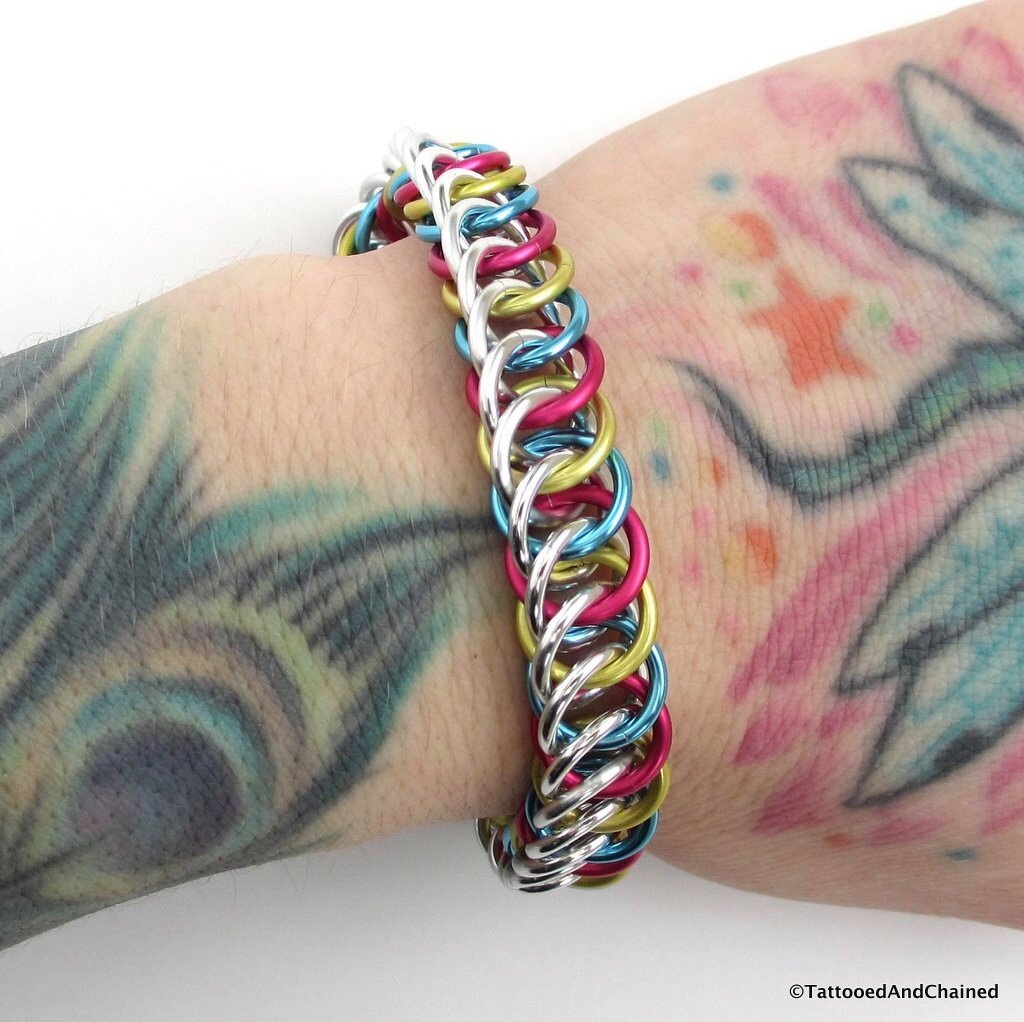 Pansexual pride bracelet, chainmail half Persian 4 in 1 weave, pan pride jewelry