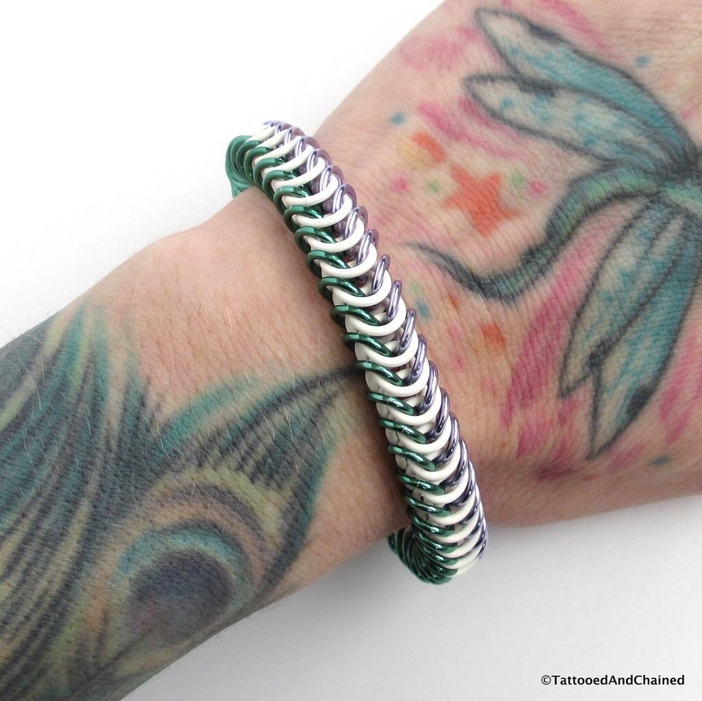 Genderqueer pride bracelet, stretchy chainmail bracelet; lavender, white and green box chain