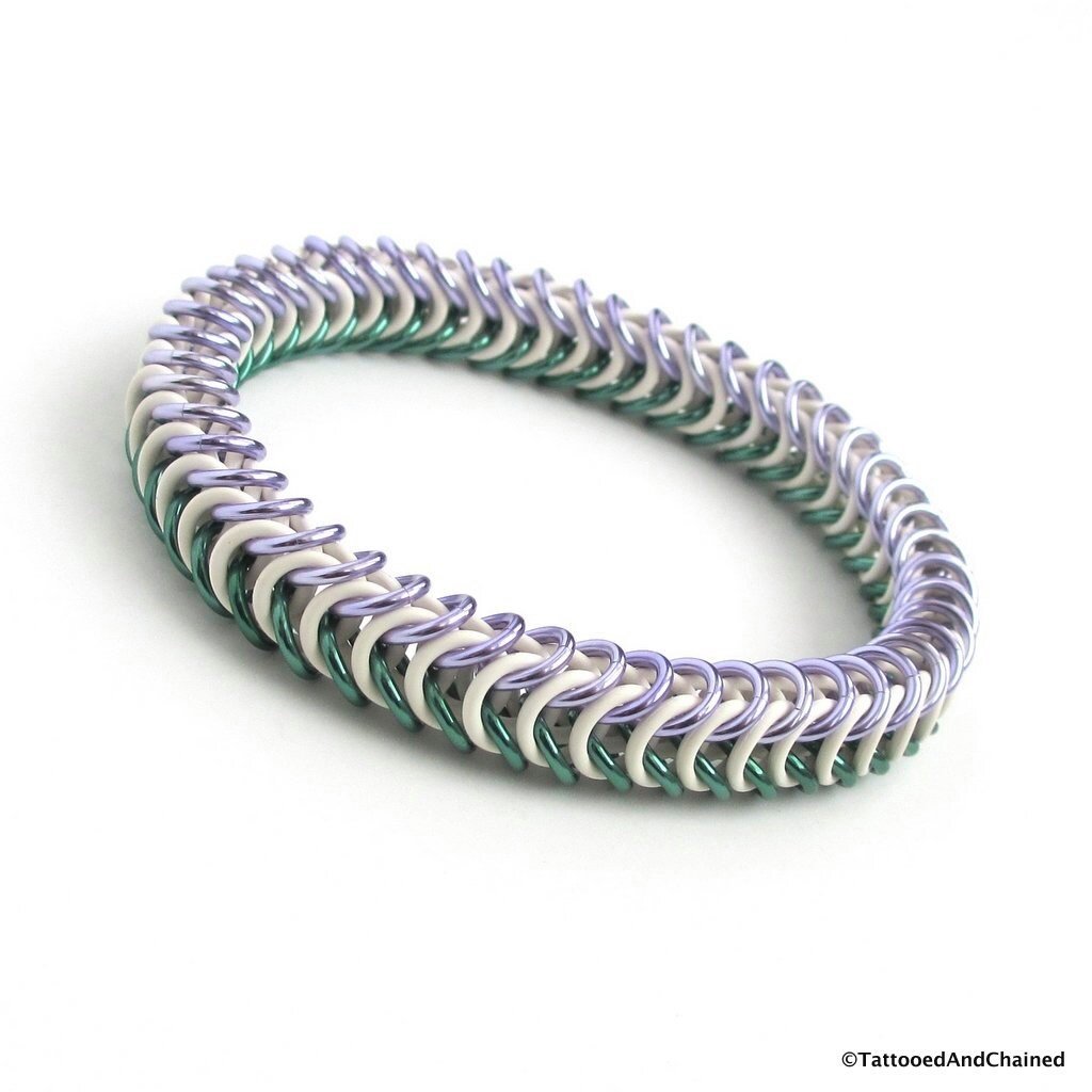 Genderqueer pride bracelet, stretchy chainmail bracelet; lavender, white and green box chain