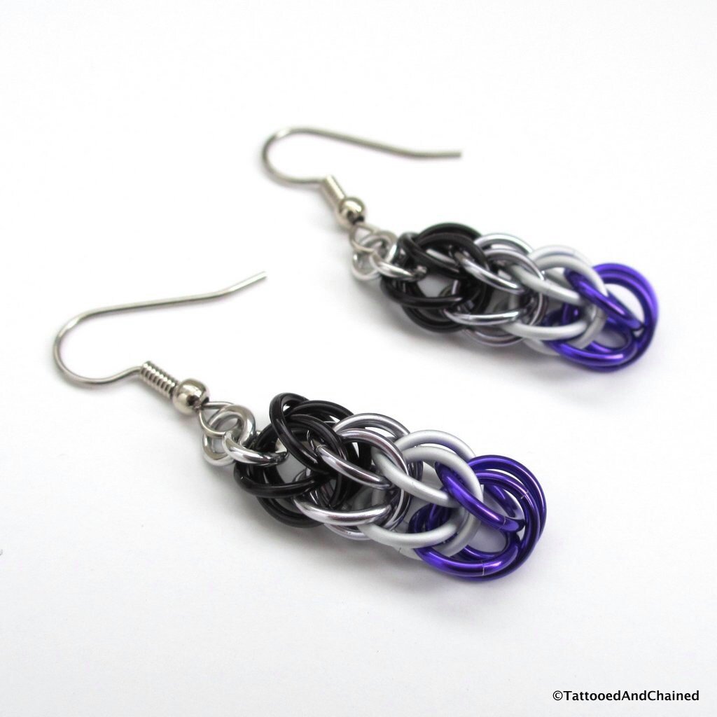 Asexual pride earrings, ace pride jewelry, chainmail earrings, Full Persian chainmail weave; black, gray, white, purple