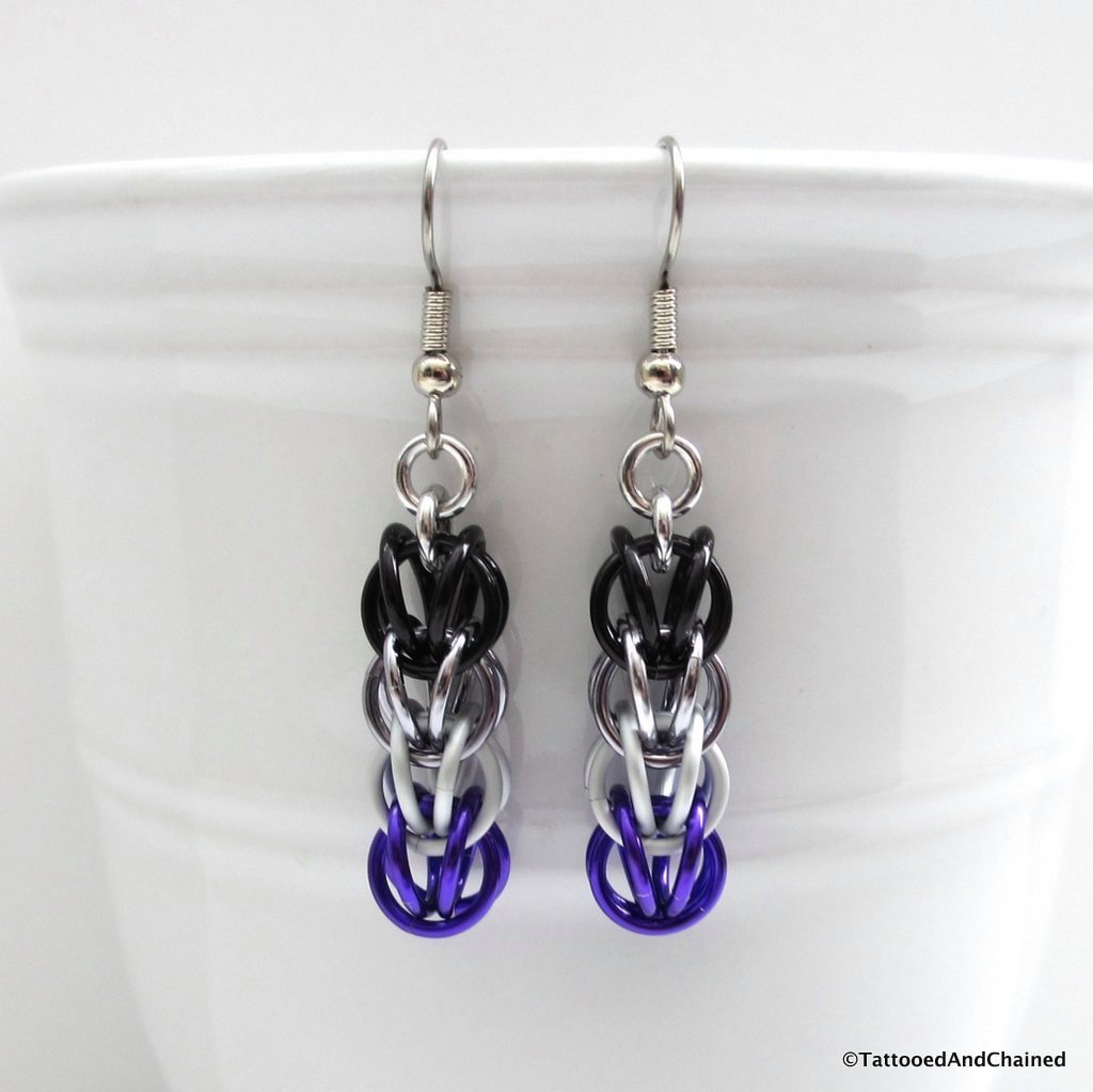 Asexual pride earrings, ace pride jewelry, chainmail earrings, Full Persian chainmail weave; black, gray, white, purple