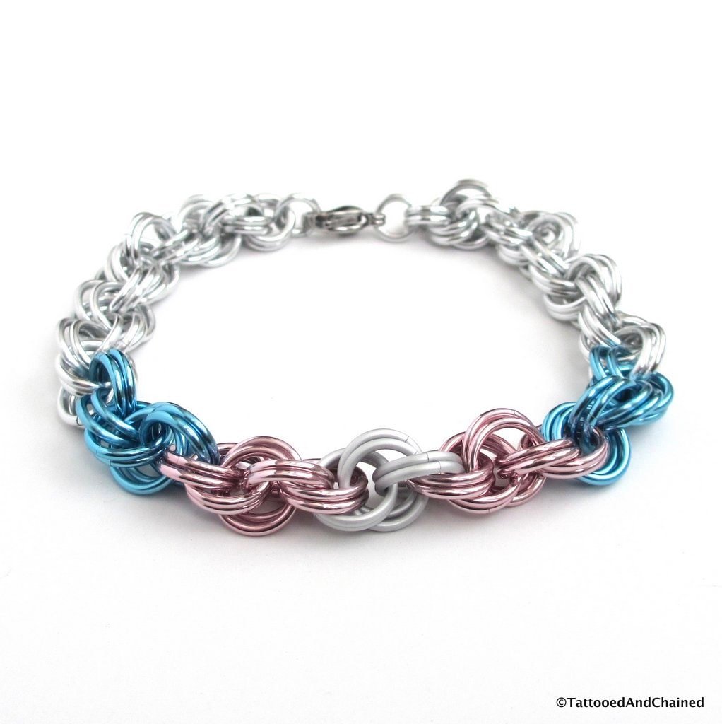 Transgender pride bracelet, trans pride chainmail jewelry, LGBT double spiral weave; pink, white, light blue