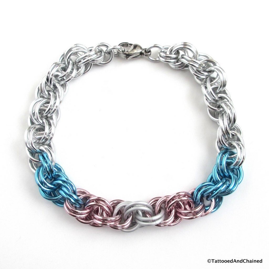 Transgender pride bracelet, trans pride chainmail jewelry, LGBT double spiral weave; pink, white, light blue