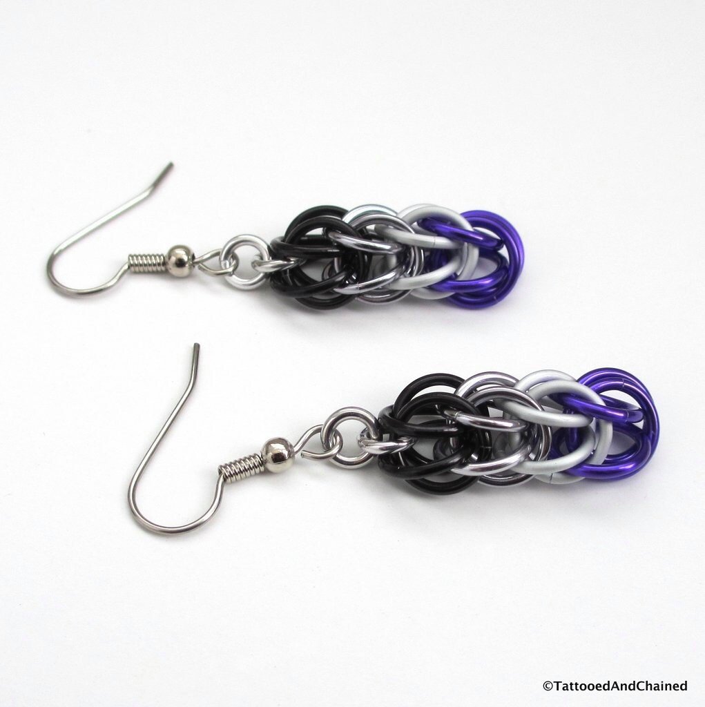 Asexual pride earrings, ace pride jewelry, chainmail earrings, Full Persian chainmail weave; black, gray, white, purple
