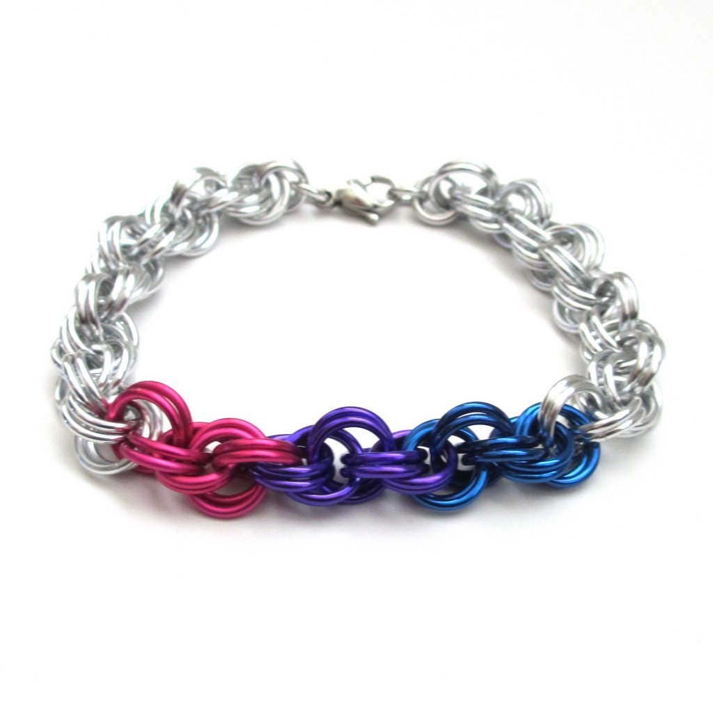 Bi pride bracelet, bisexual pride jewelry, LGBT chainmail double spiral weave; pink, purple, blue