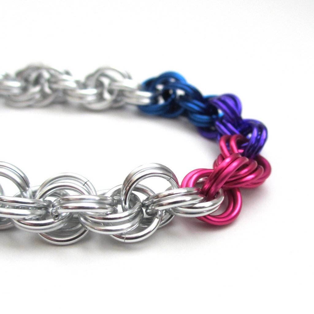 Bi pride bracelet, bisexual pride jewelry, LGBT chainmail double spiral weave; pink, purple, blue