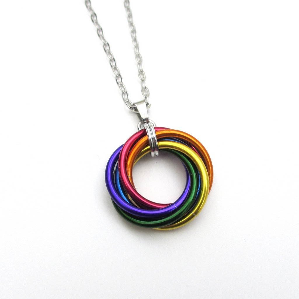 LGBTQ pride necklace, large love knot chainmail pendant, rainbow gay pride jewelry