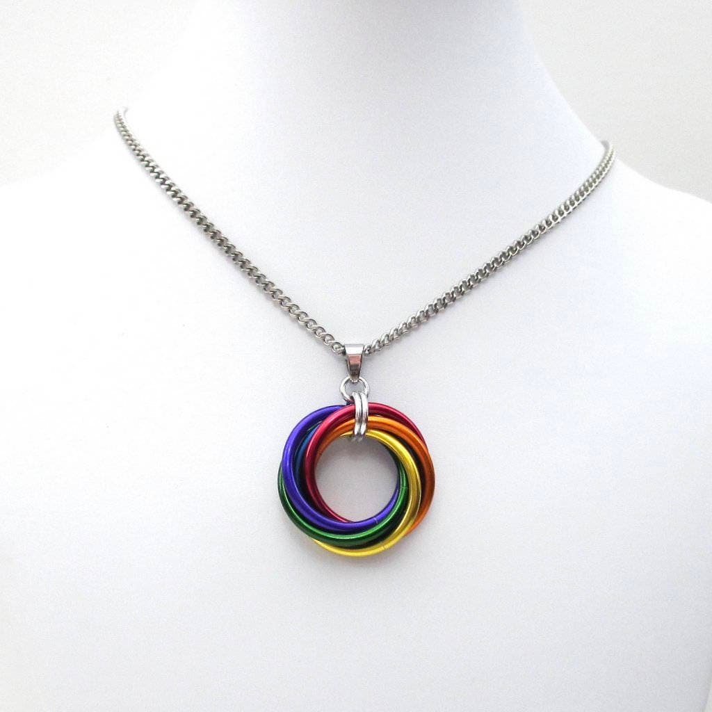 LGBTQ pride necklace, large love knot chainmail pendant, rainbow gay pride jewelry