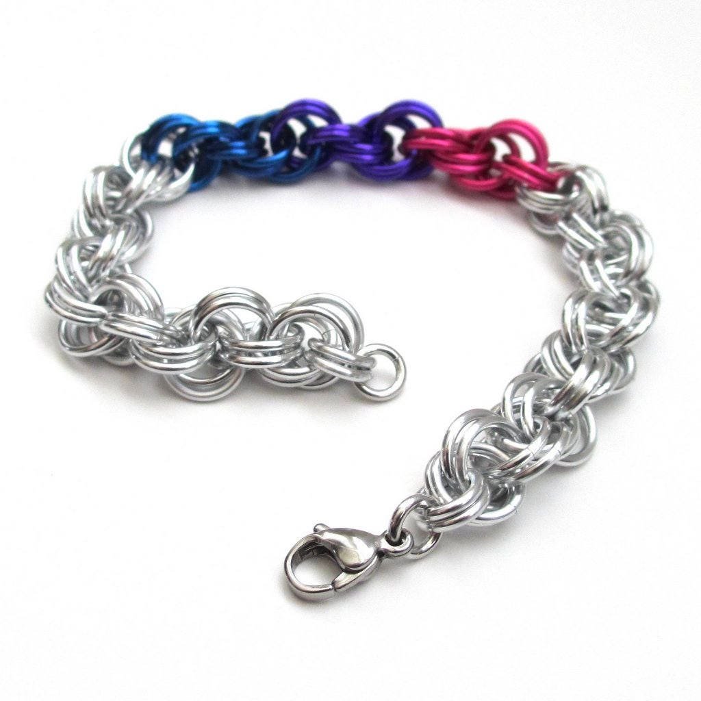 Bi pride bracelet, bisexual pride jewelry, LGBT chainmail double spiral weave; pink, purple, blue