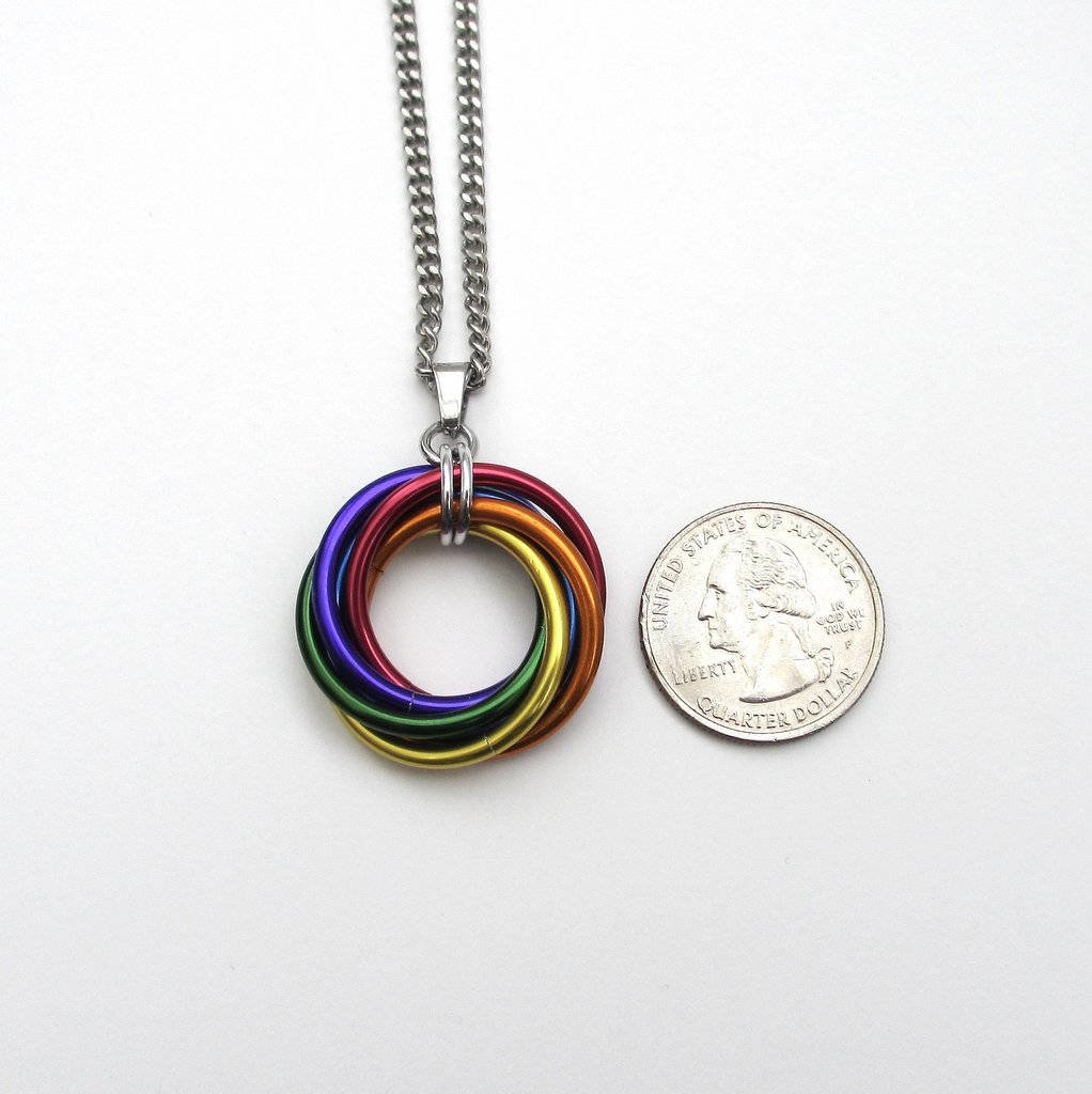 LGBTQ pride necklace, large love knot chainmail pendant, rainbow gay pride jewelry