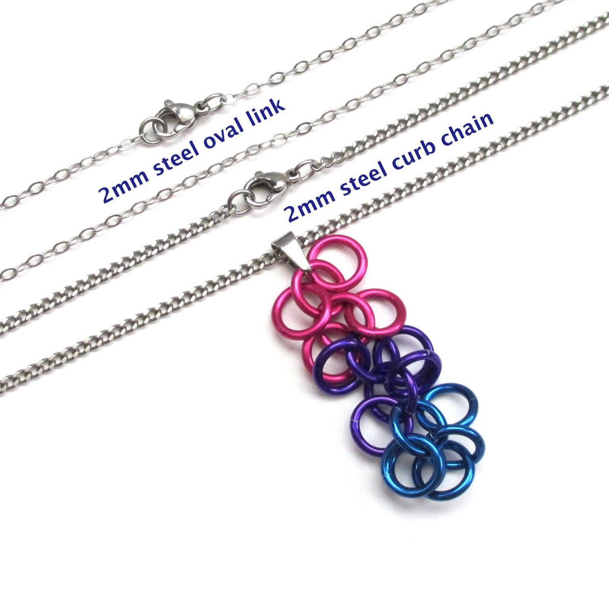 Chainmail bisexual pride pendant, shaggy loop weave; pink purple blue bi pride jewelry