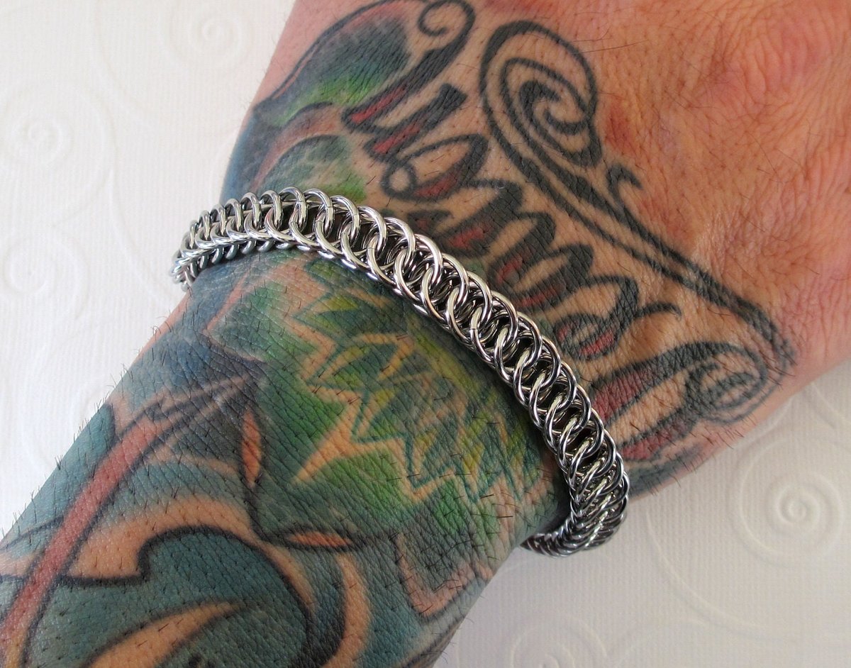 Stainless steel chainmail bracelet, half Persian 4 in 1 weave, men's steel jewelry