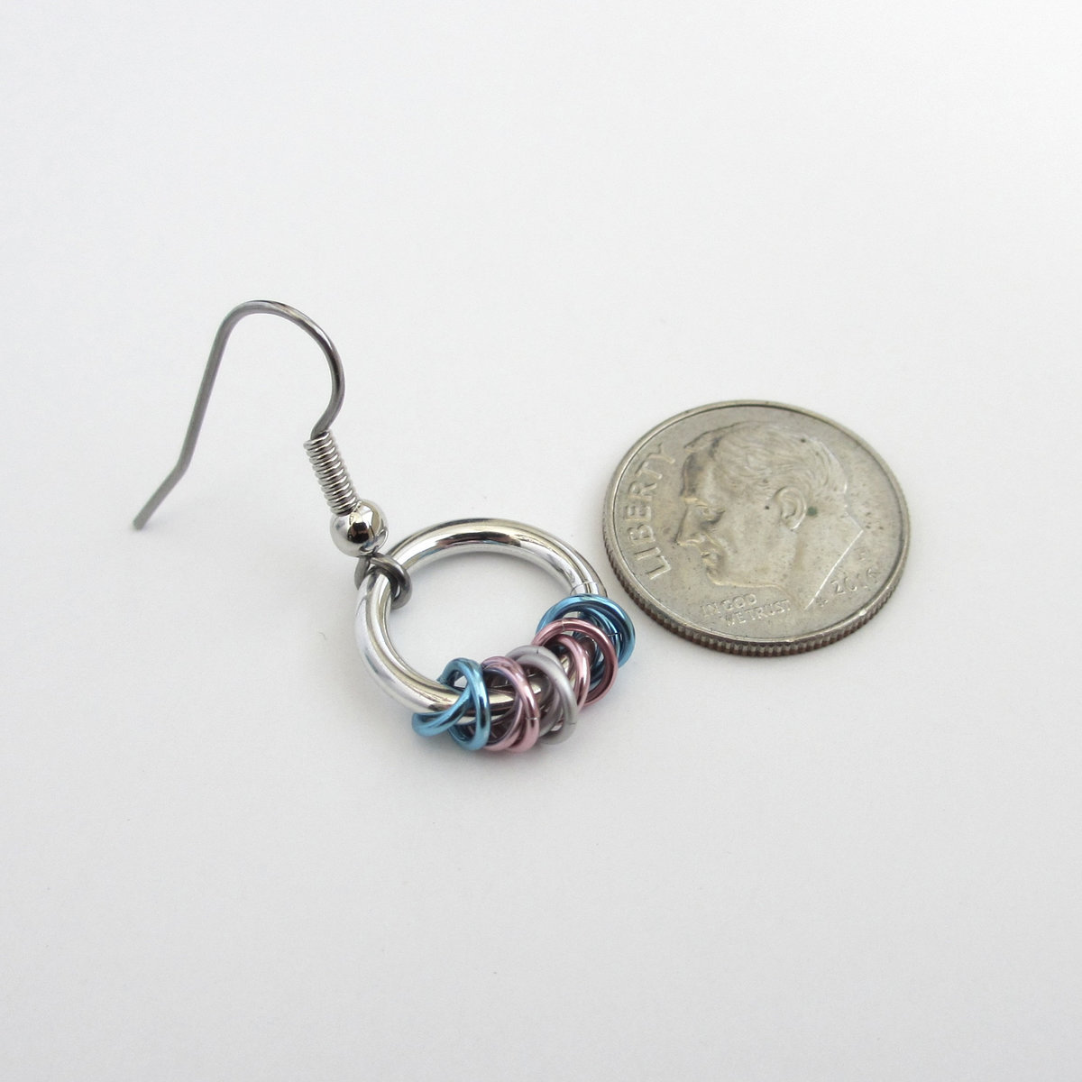 Transgender pride chainmail earrings, subtle LGBTQ pride jewelry; blue, pink, white