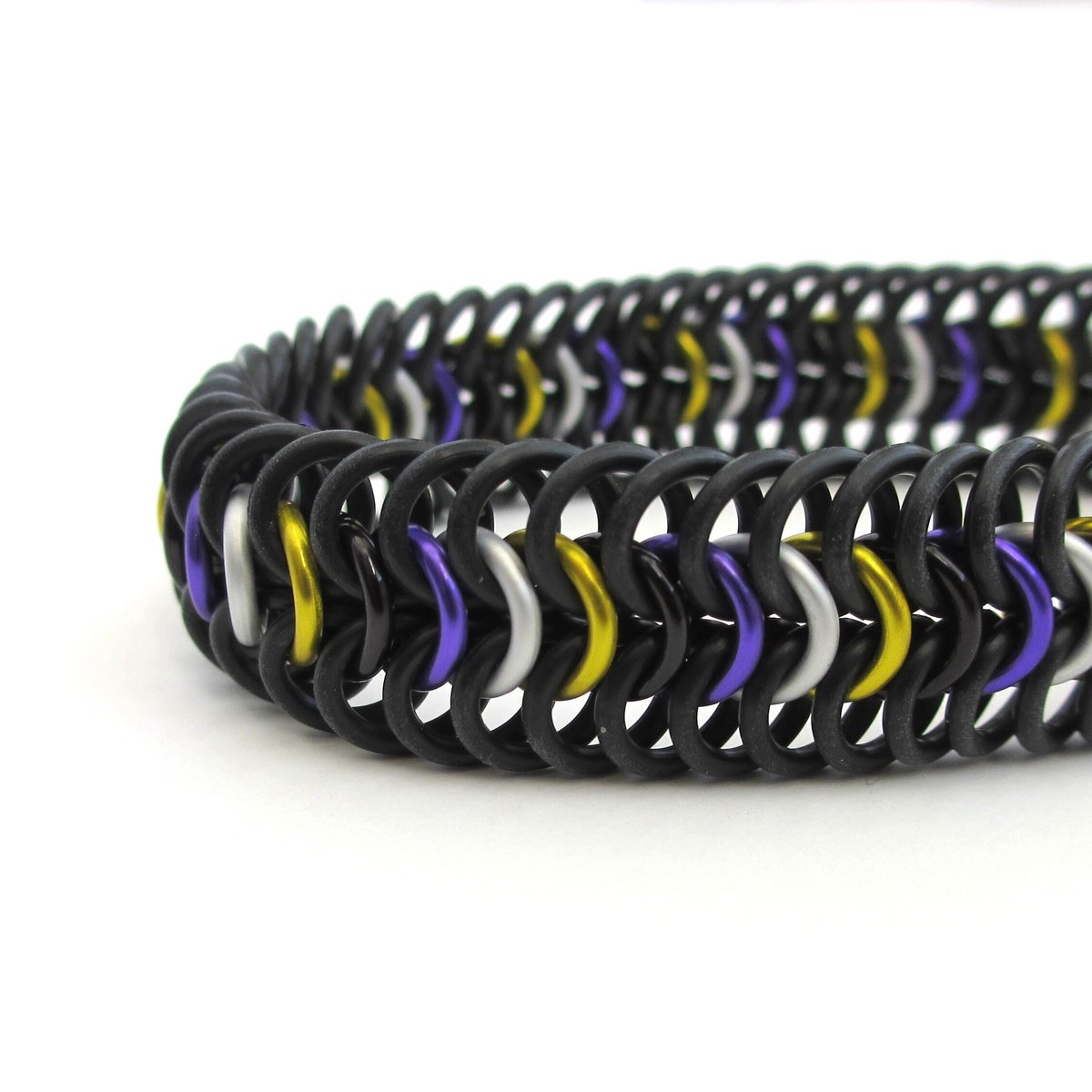 Nonbinary pride bracelet, stretchy chainmail bracelet, yellow white purple black