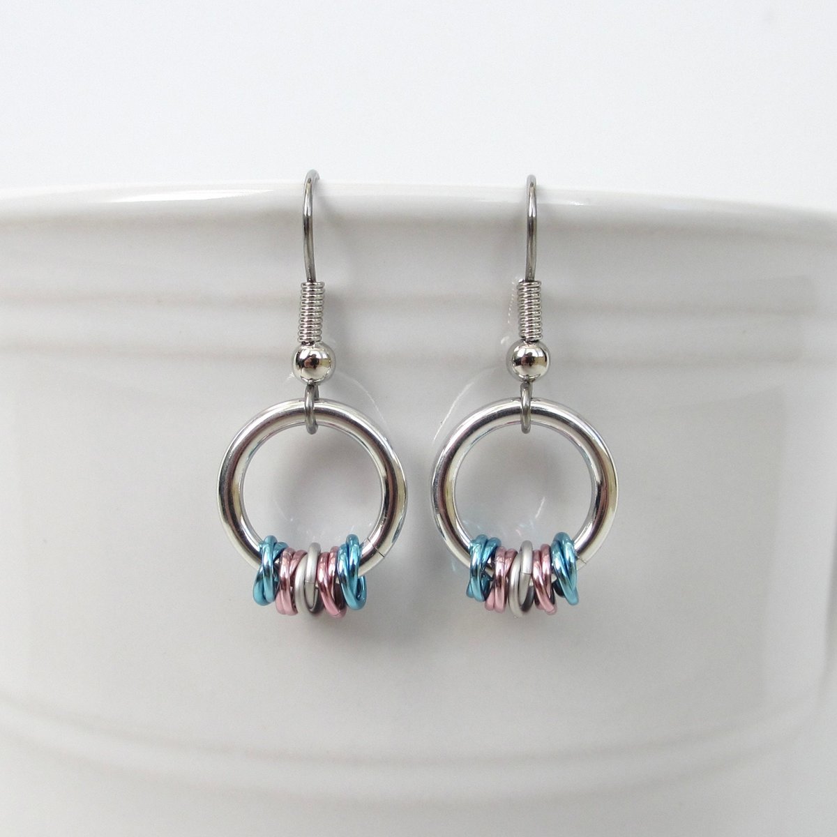 Transgender pride chainmail earrings, subtle LGBTQ pride jewelry; blue, pink, white