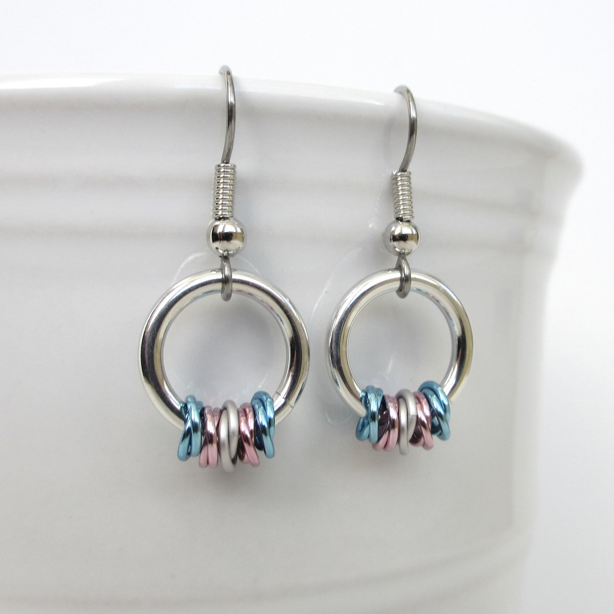 Transgender pride chainmail earrings, subtle LGBTQ pride jewelry; blue, pink, white