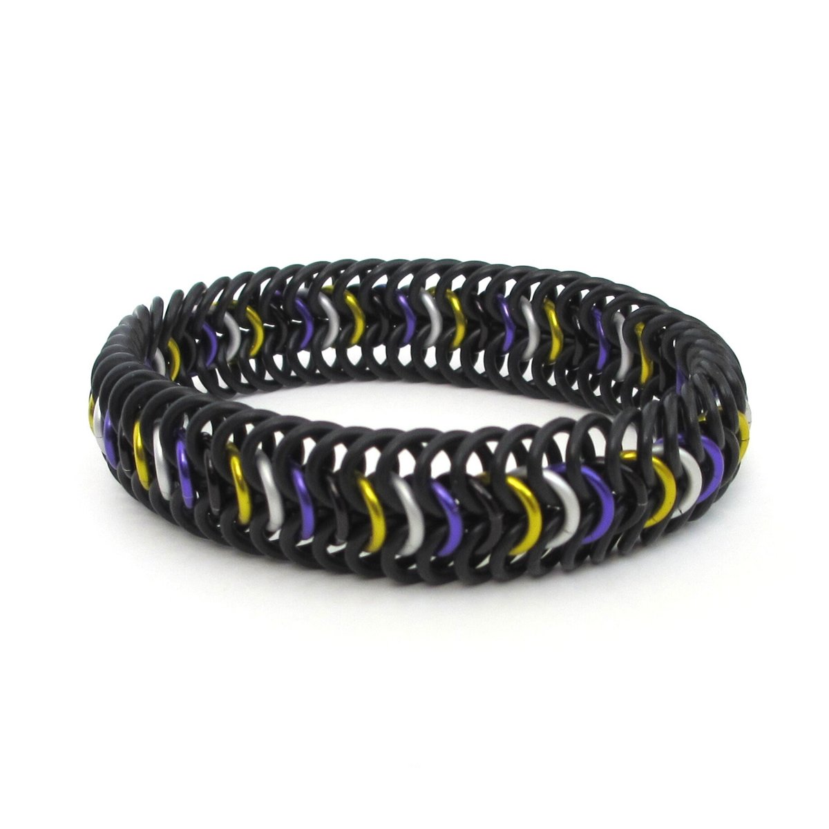 Nonbinary pride bracelet, stretchy chainmail bracelet, yellow white purple black