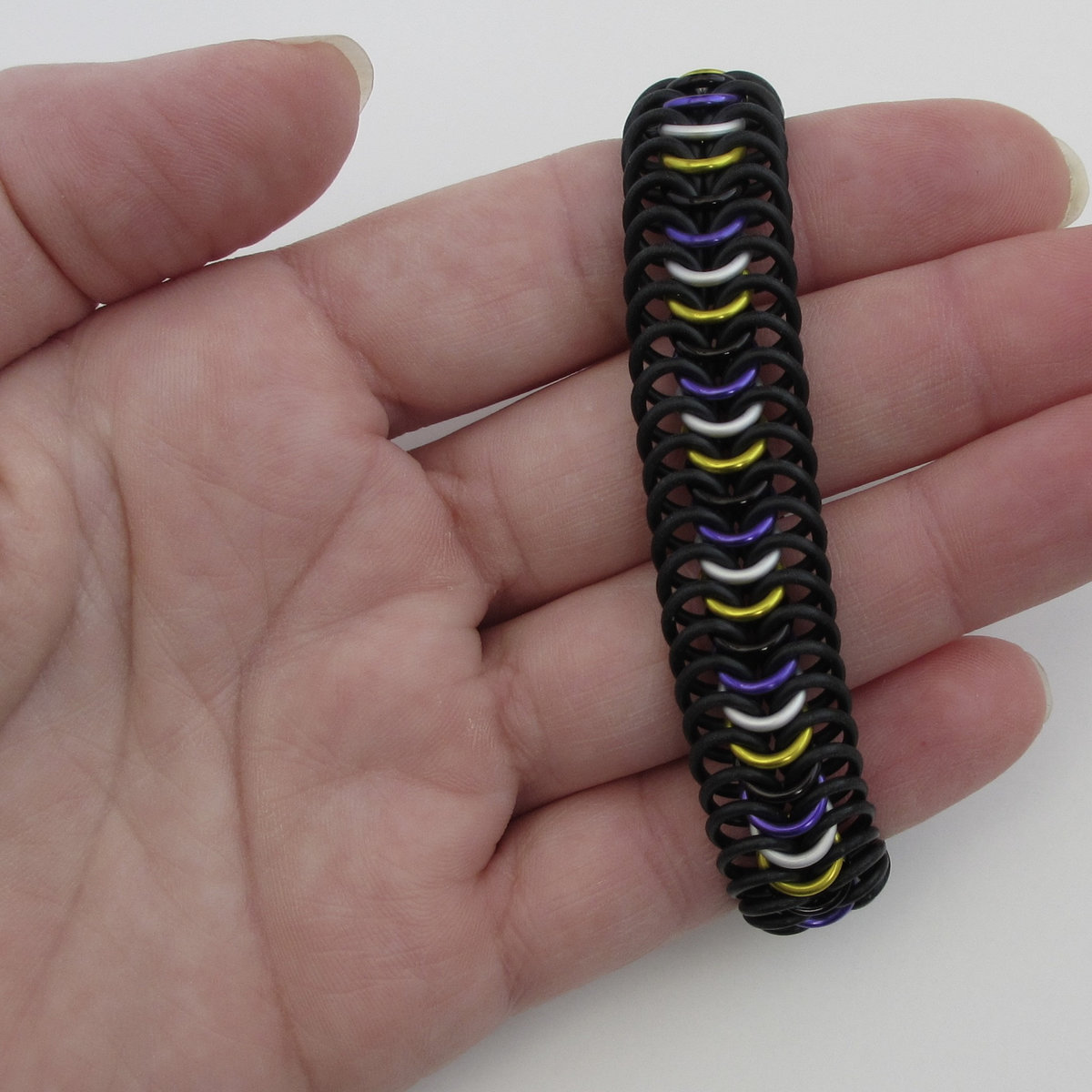 Nonbinary pride bracelet, stretchy chainmail bracelet, yellow white purple black