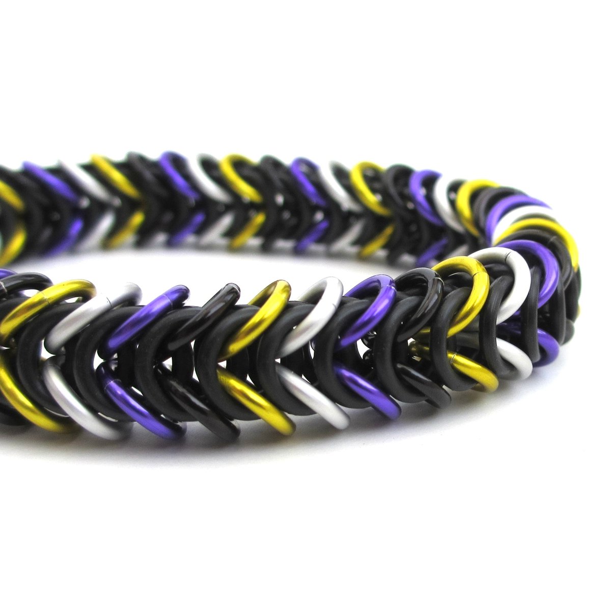 Nonbinary pride stretchy bracelet, box chain chainmail weave, yellow white purple black