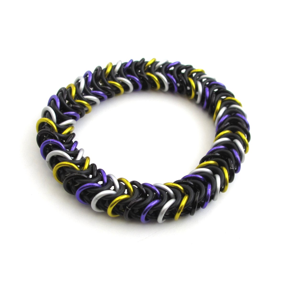 Nonbinary pride stretchy bracelet, box chain chainmail weave, yellow white purple black