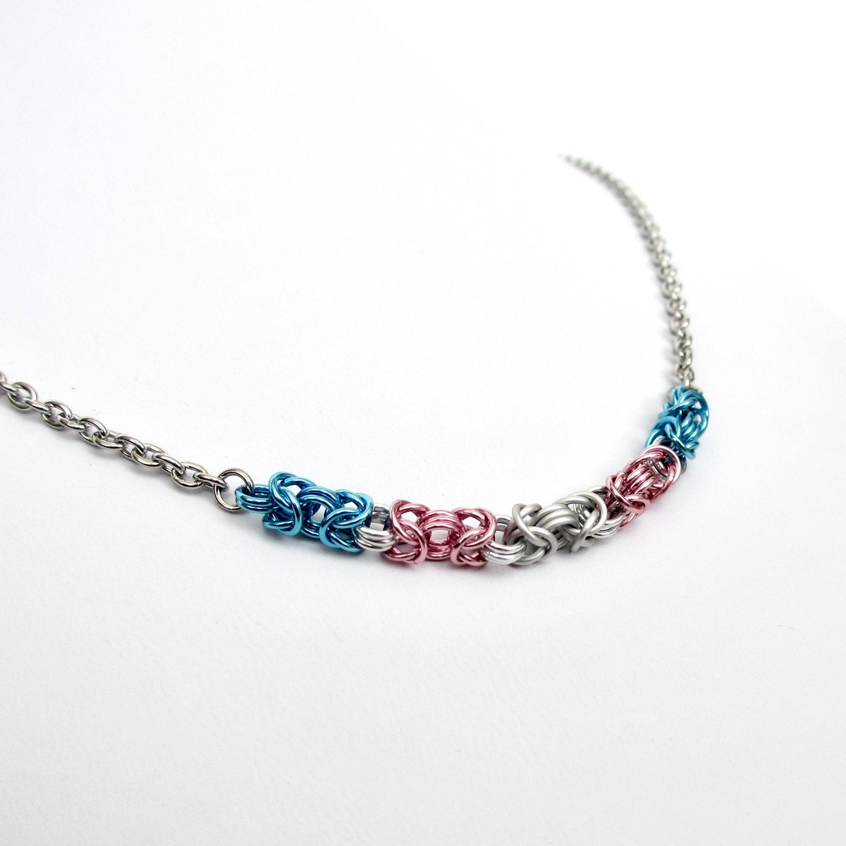 Transgender pride necklace, chainmail Byzantine LGBTQ jewelry, blue, pink, white