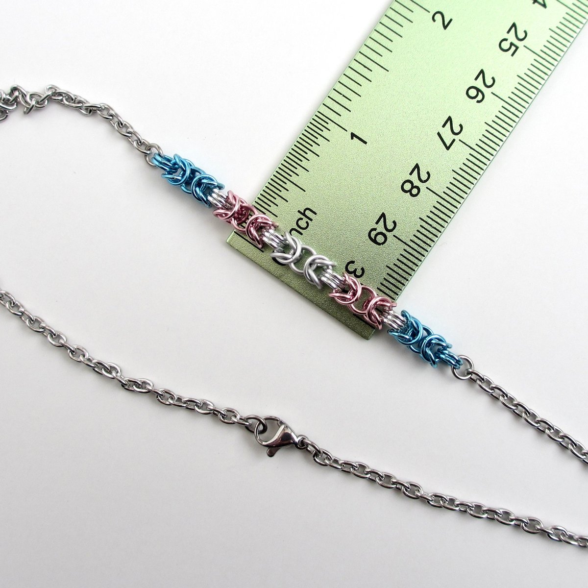 Transgender pride necklace, chainmail Byzantine LGBTQ jewelry, blue, pink, white