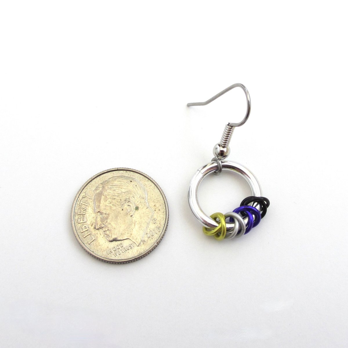 Nonbinary pride earrings, subtle LGBTQ pride jewelry; yellow, white, purple, black