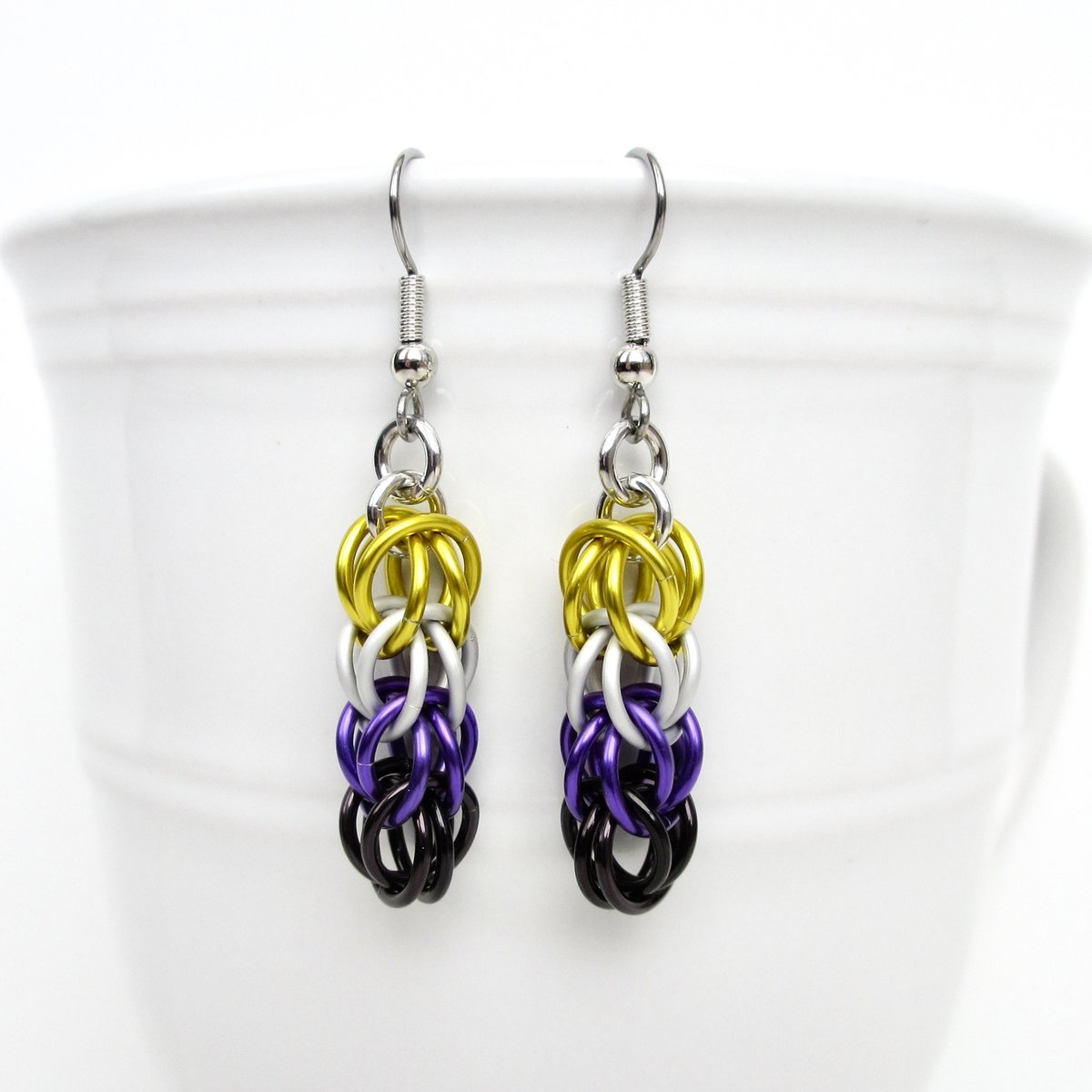 Nonbinary pride earrings, chainmail Full Persian weave; yellow, white, purple, black