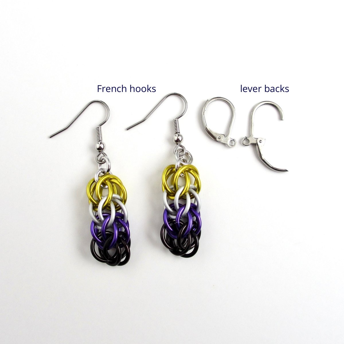 Nonbinary pride earrings, chainmail Full Persian weave; yellow, white, purple, black