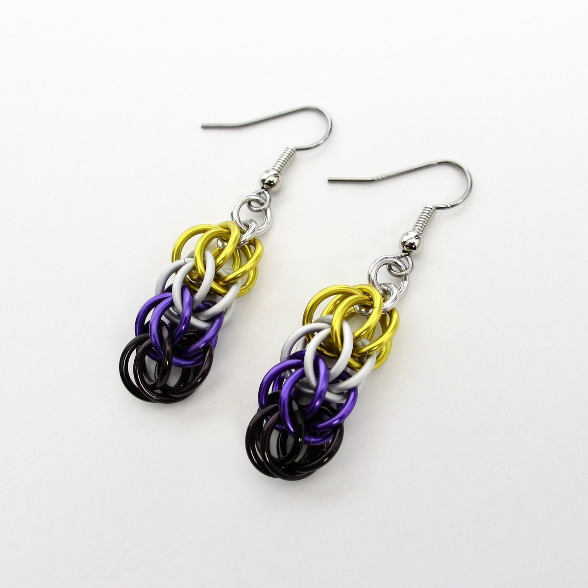 Nonbinary pride earrings, chainmail Full Persian weave; yellow, white, purple, black