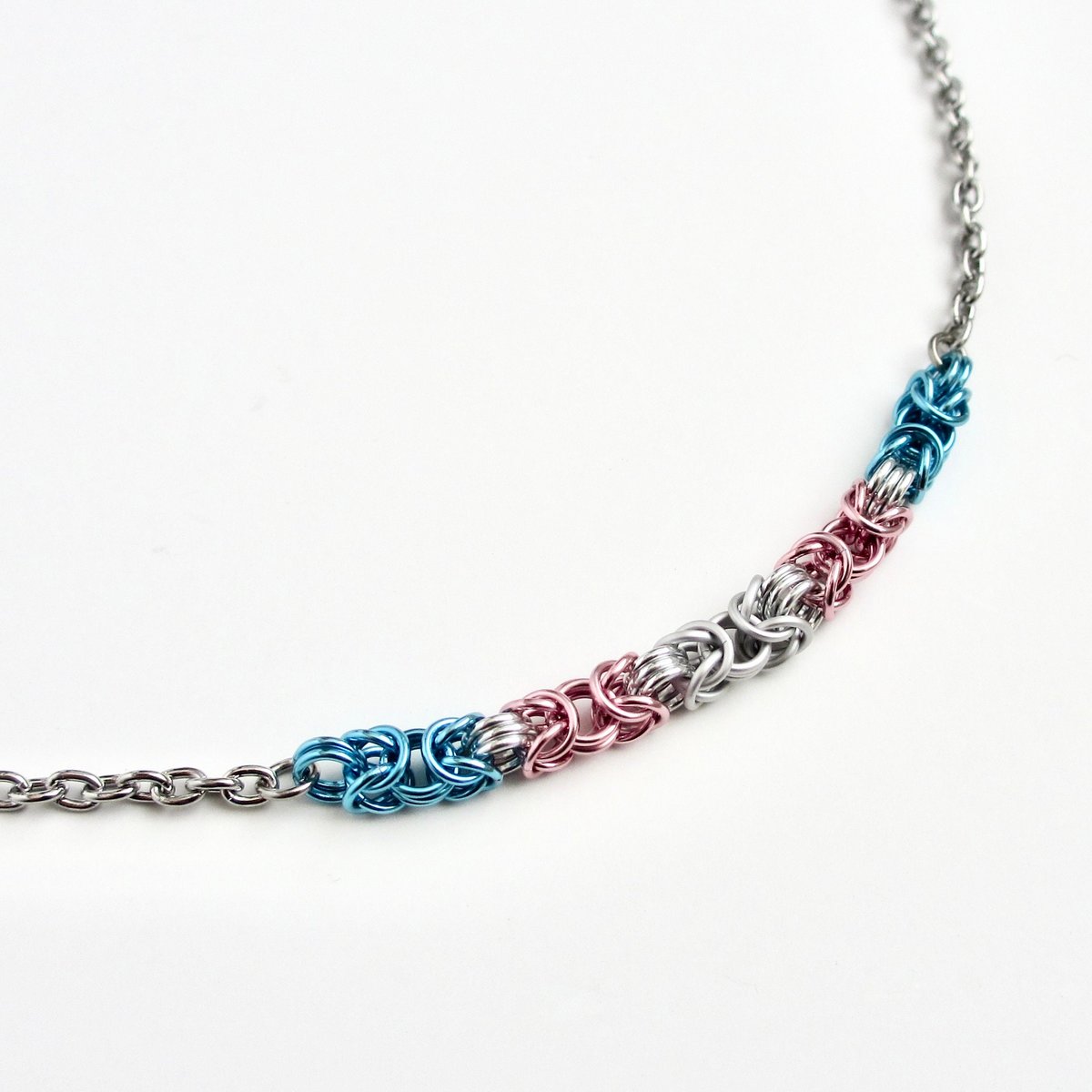 Transgender pride necklace, chainmail Byzantine LGBTQ jewelry, blue, pink, white