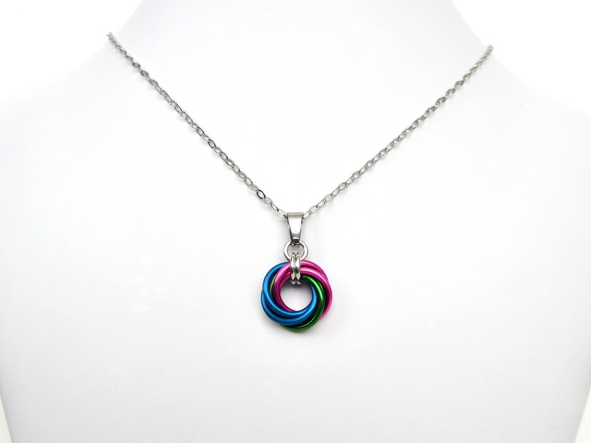 Polysexual pride pendant necklace, chainmail love knot, LGBTQ pride jewelry