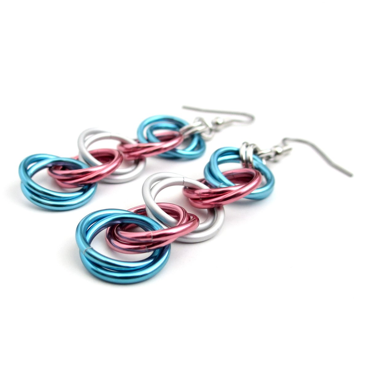 Transgender pride jewelry, long chain trans earrings, blue pink white