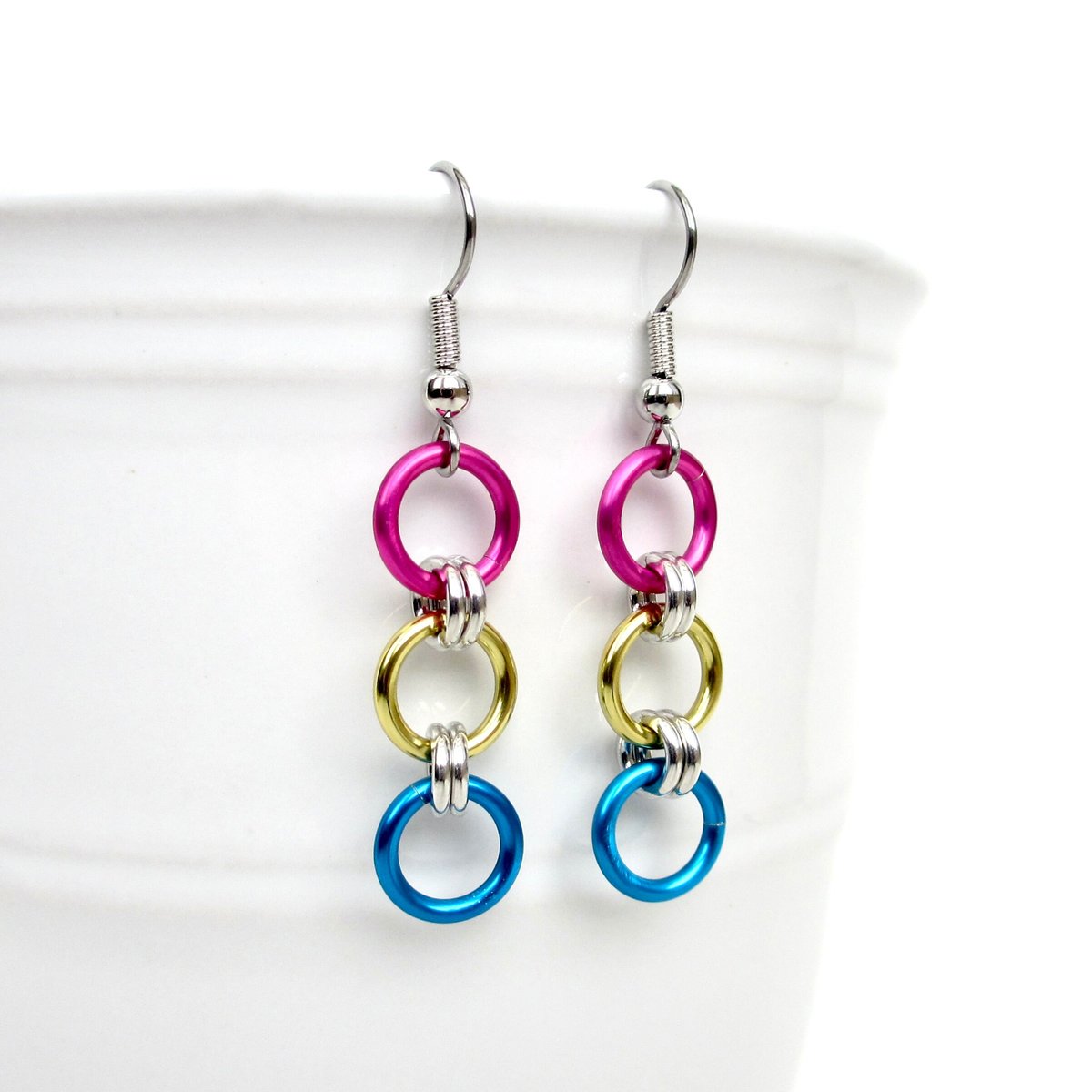 Pansexual pride flag earrings, simple LGBTQ chainmail jewelry