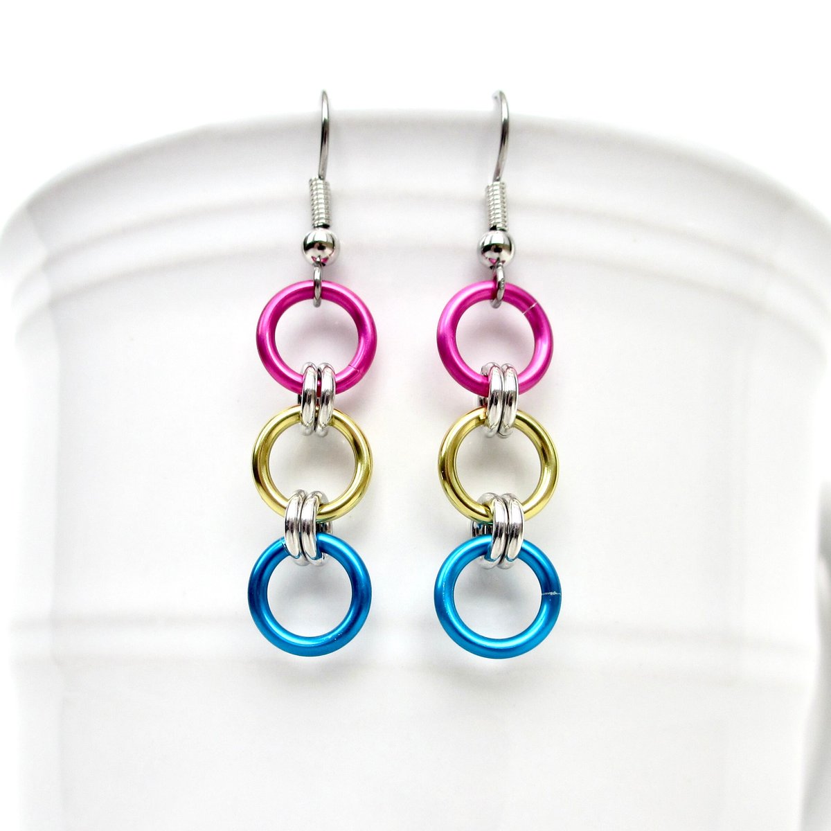 Pansexual pride flag earrings, simple LGBTQ chainmail jewelry