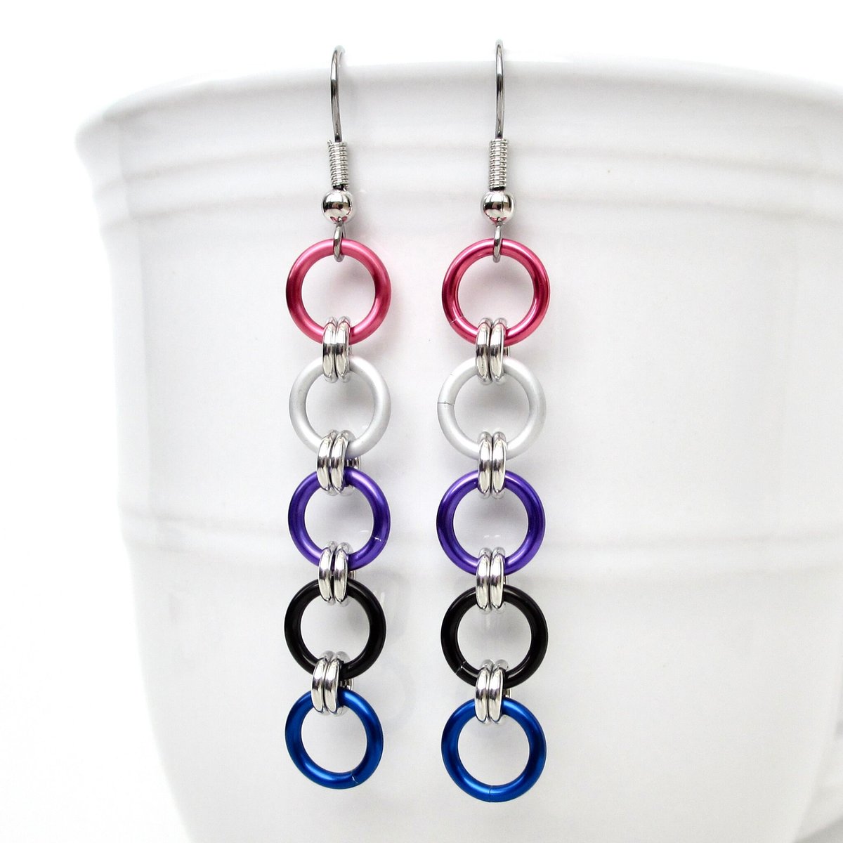 Genderfluid pride earrings, long chain LGBTQ flag chainmail jewelry