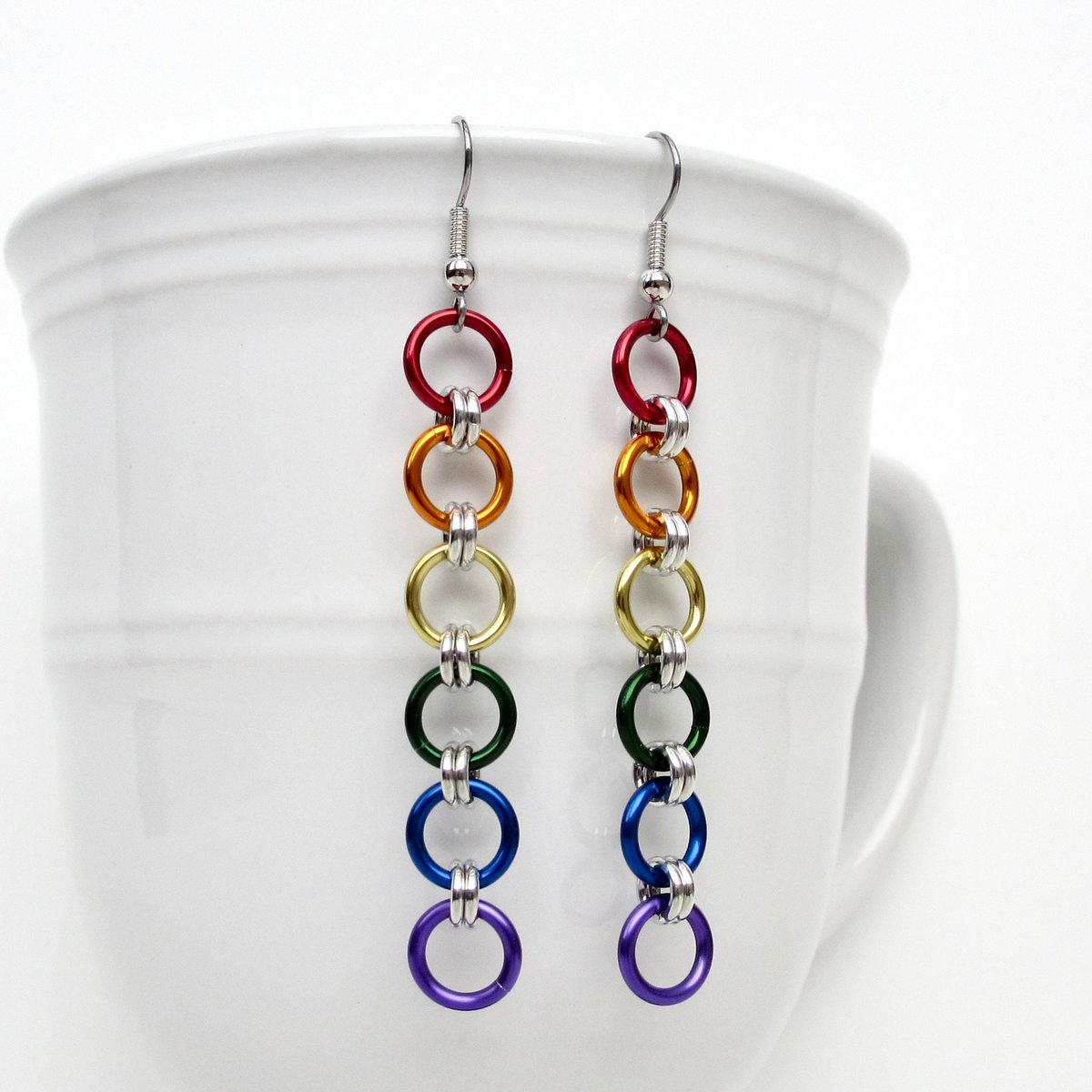 Gay pride flag earrings, simple rainbow LGBTQ chainmail jewelry