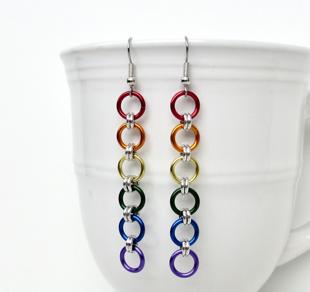Gay pride flag earrings, simple rainbow LGBTQ chainmail jewelry