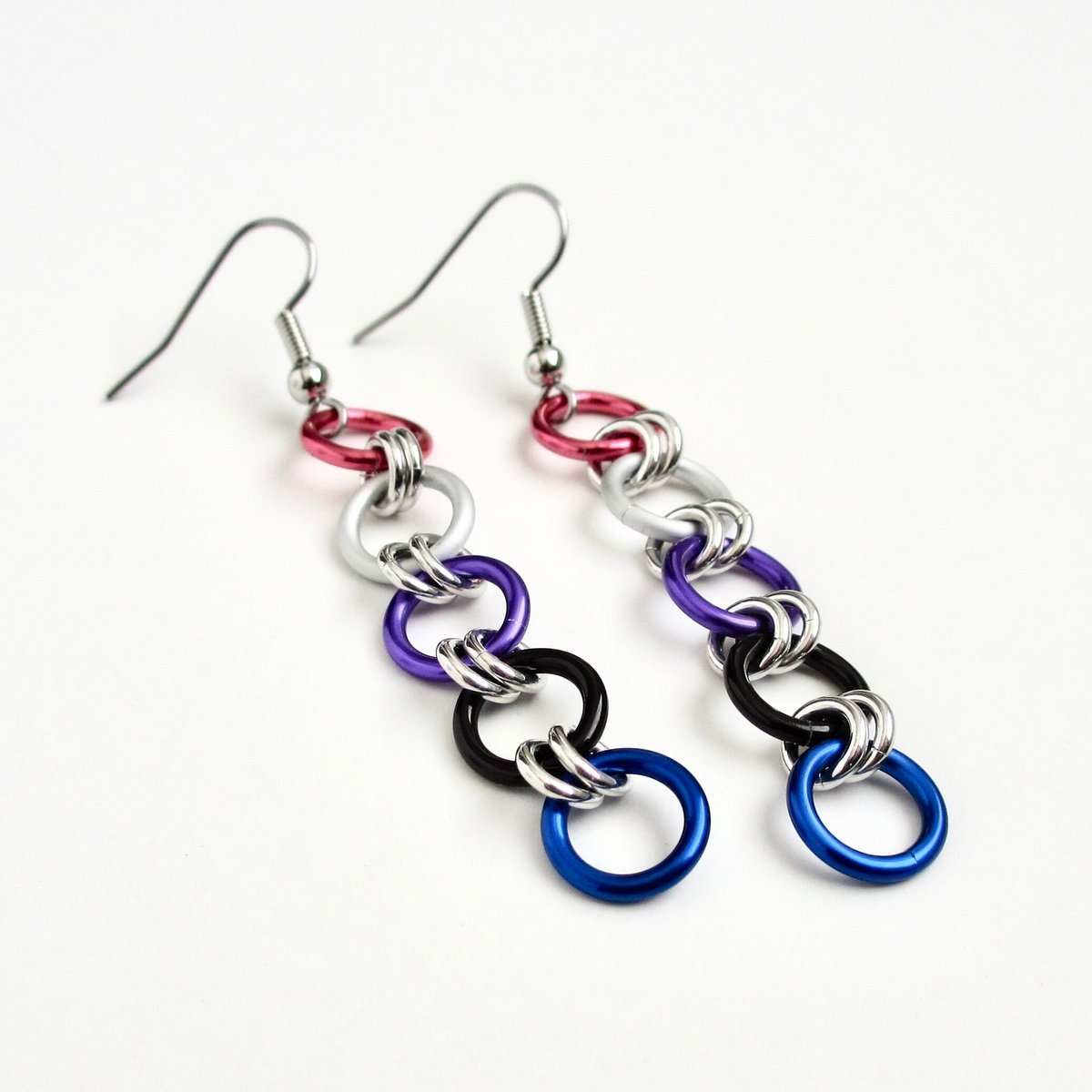 Genderfluid pride earrings, long chain LGBTQ flag chainmail jewelry