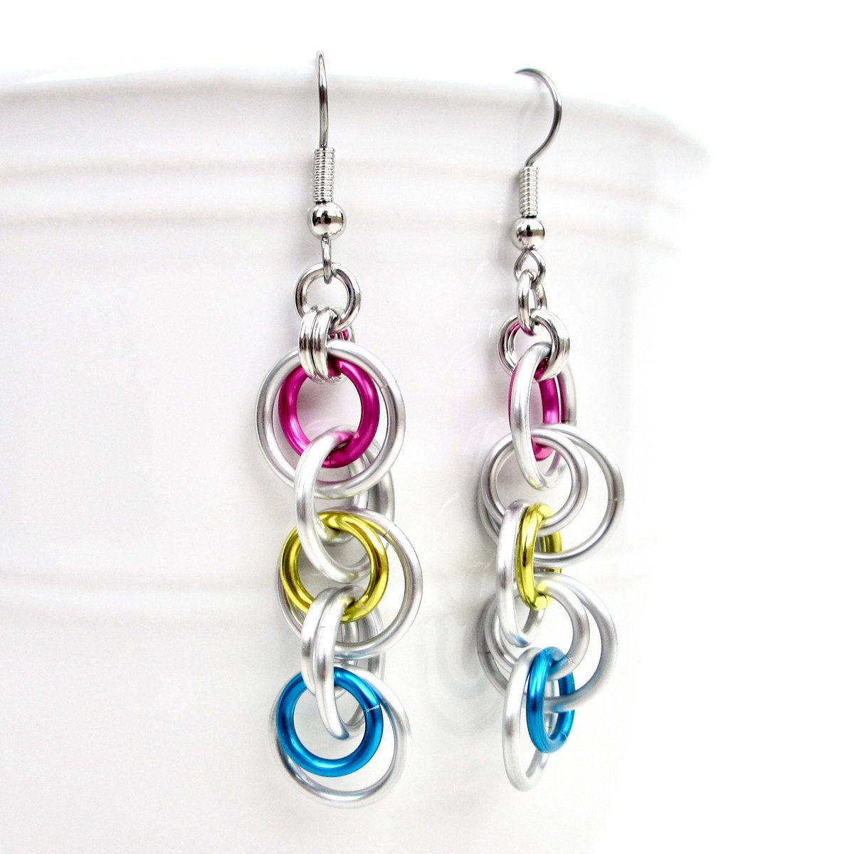 Pansexual pride jewelry, long chainmail LGBTQ earrings, pink yellow blue