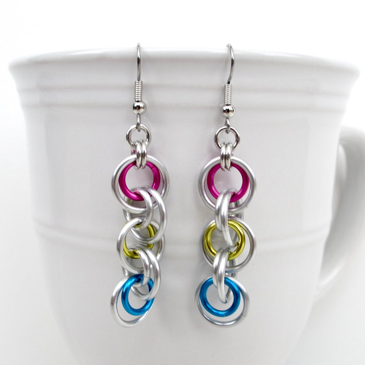 Pansexual pride jewelry, long chainmail LGBTQ earrings, pink yellow blue