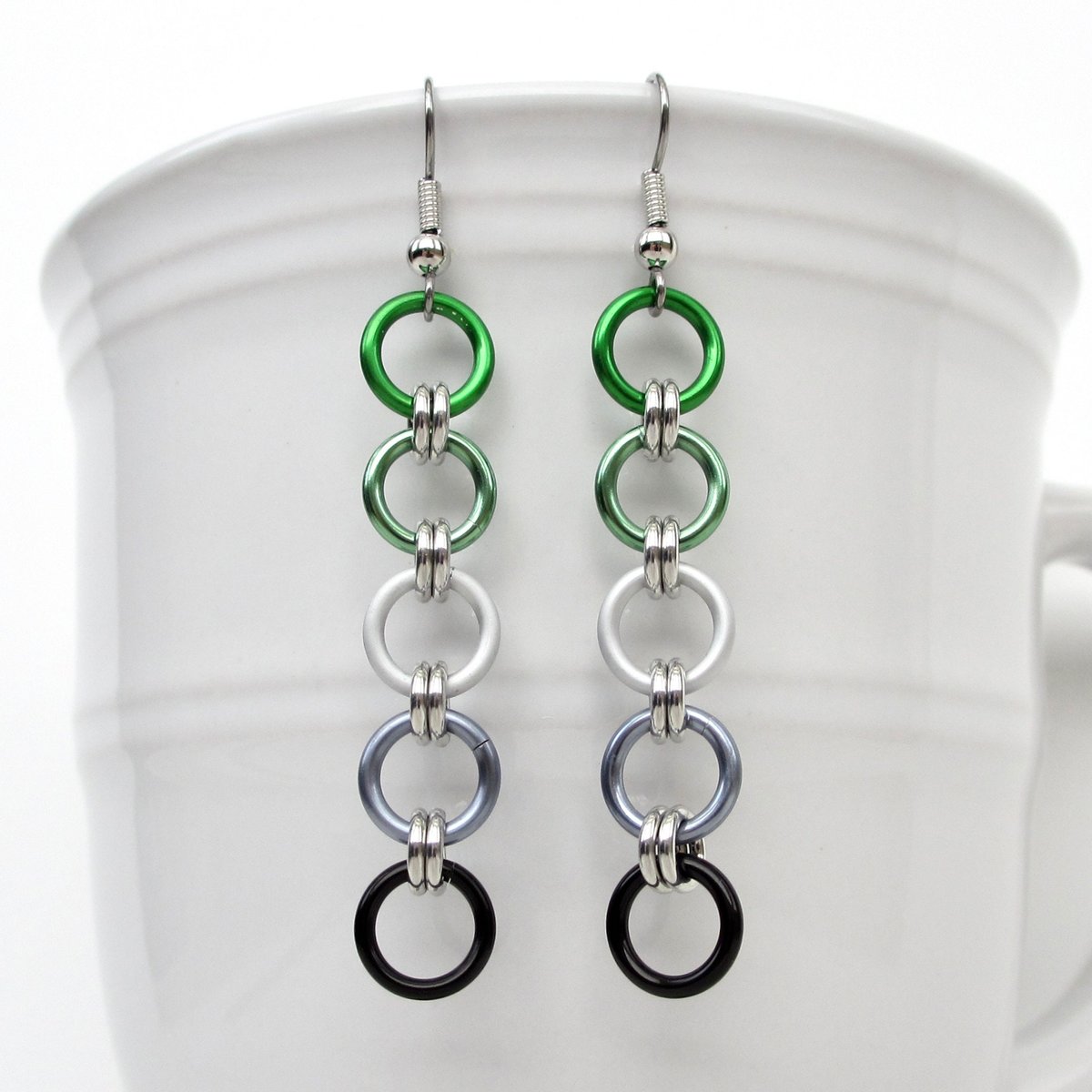 Aromantic flag pride earrings, simple LGBTQ chainmail jewelry