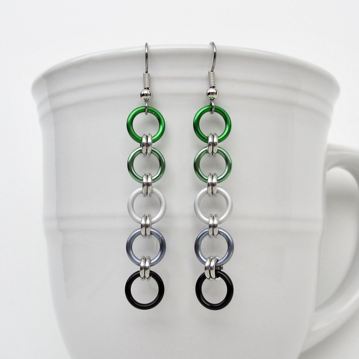 Aromantic flag pride earrings, simple LGBTQ chainmail jewelry